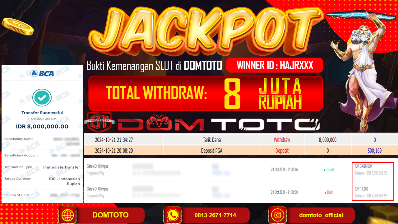 JACKPOT SLOT GATE OF OLYMPUS 21 OKTOBER 2024